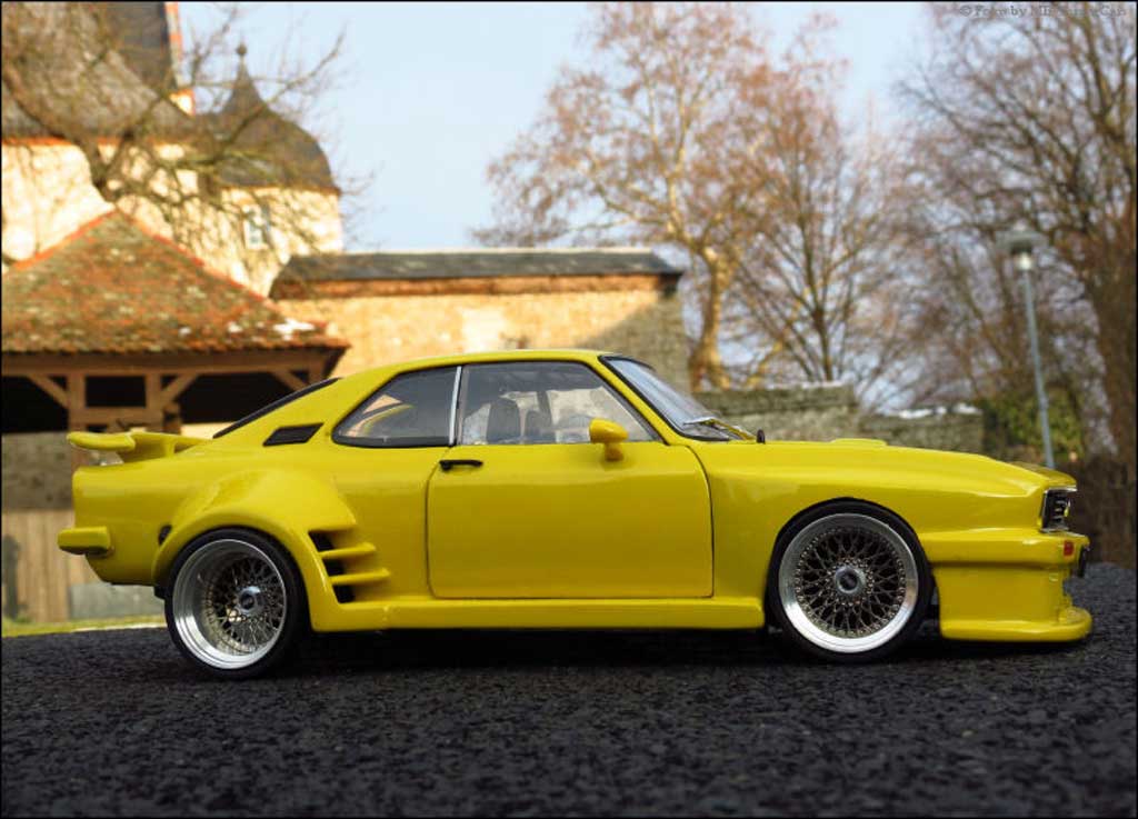 Opel Manta A yellow kit carrosserie sur mesure jantes en nid d'abeilles 1/18 Norev