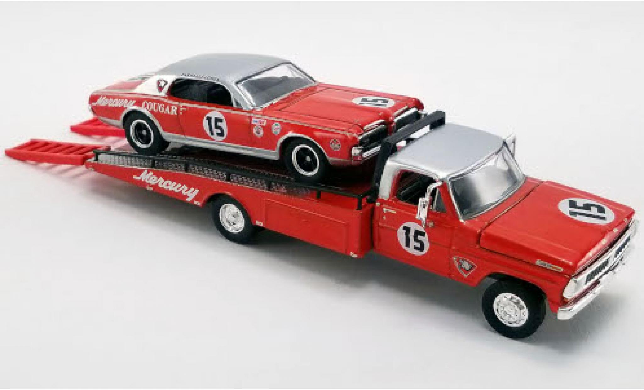 Ford F-350 1/64 ACME Ramp Truck Mercury 1970 mit 1967 Mercury Trans Am Cougar und Auffahrrampen No.15 Parnelli Jones Team Cougar diecast model cars
