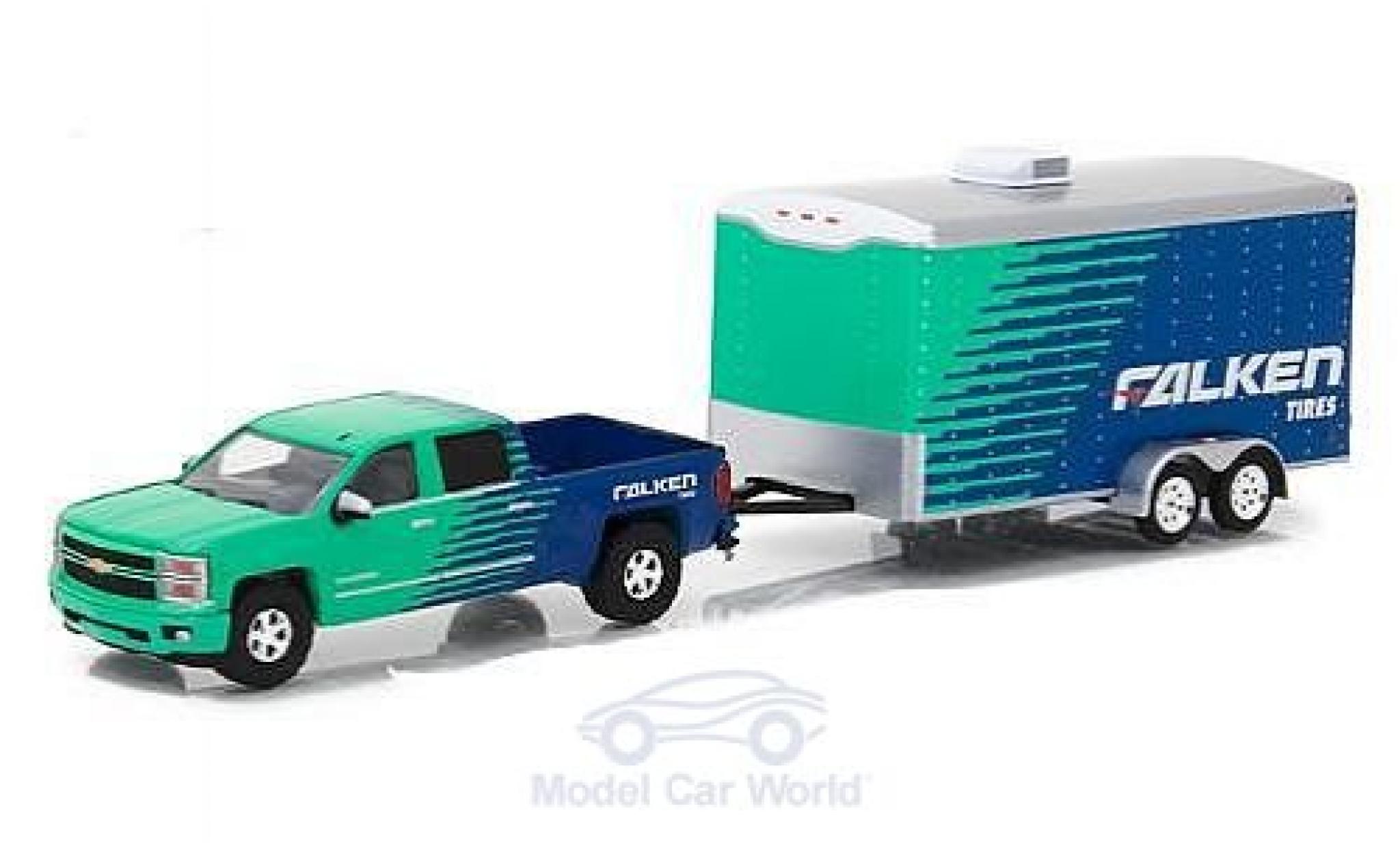 Chevrolet Silverado 1/64 Greenlight green/blue Falken Tire 2015 mit Anh&auml;nger diecast model cars