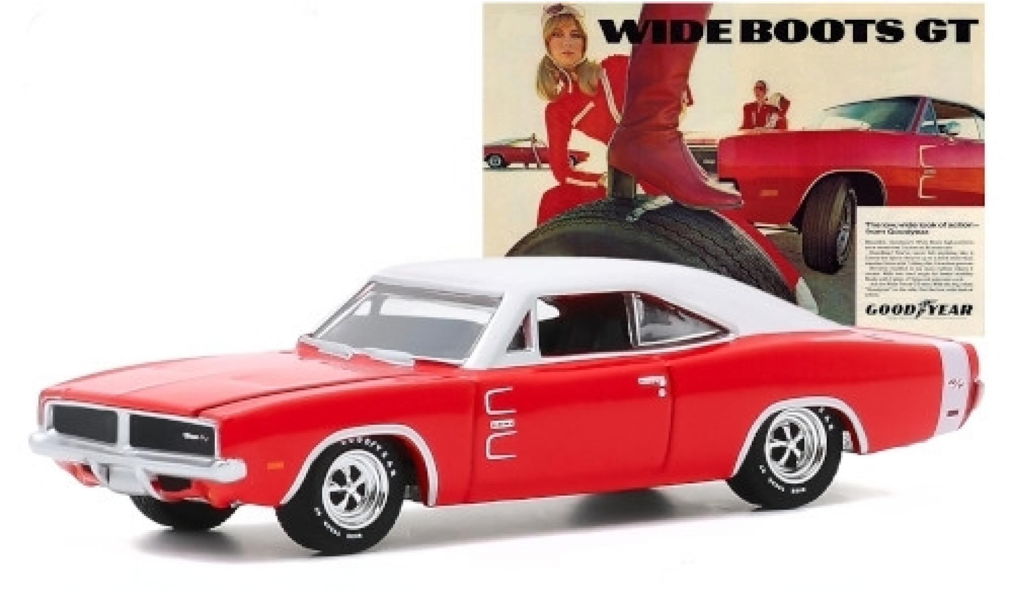 Dodge Charger 1/64 Greenlight R/T red/matt-white 1969 Goodyear Wide Boots GT diecast model cars