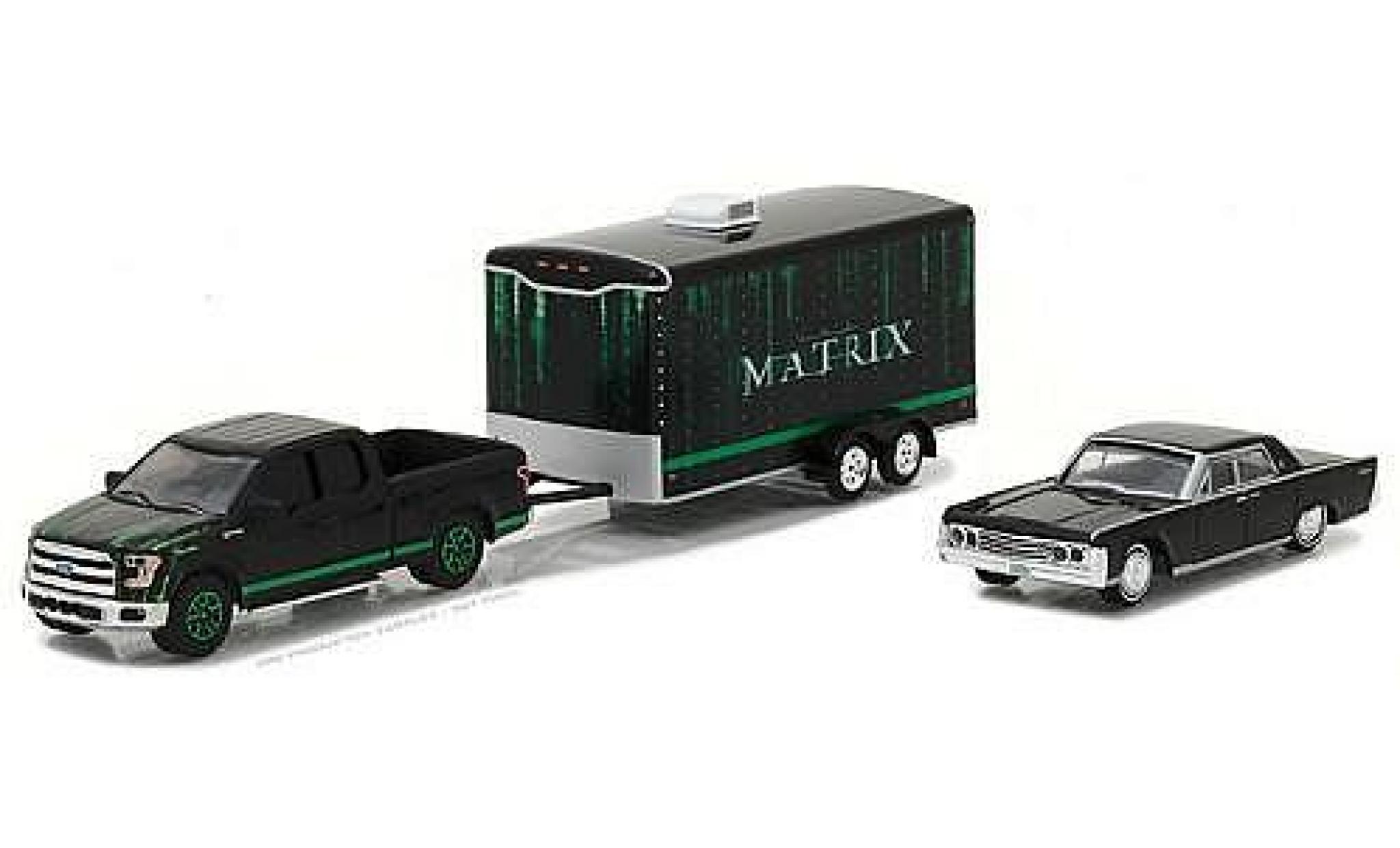 Ford F-1 1/64 Greenlight 50 black/green 2015 with 1995 Lincoln Continental and Enclosed Trailer diecast model cars