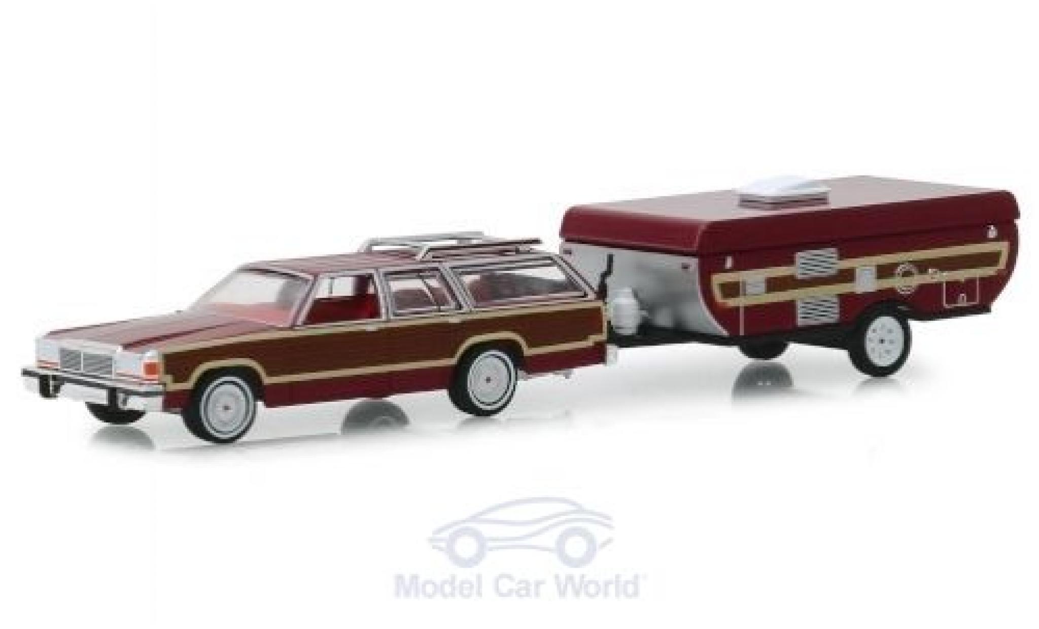 Ford LTD 1/64 Greenlight Country Squire red/Holzoptik 1981 mit Pop-Up Camper Trailer diecast model cars