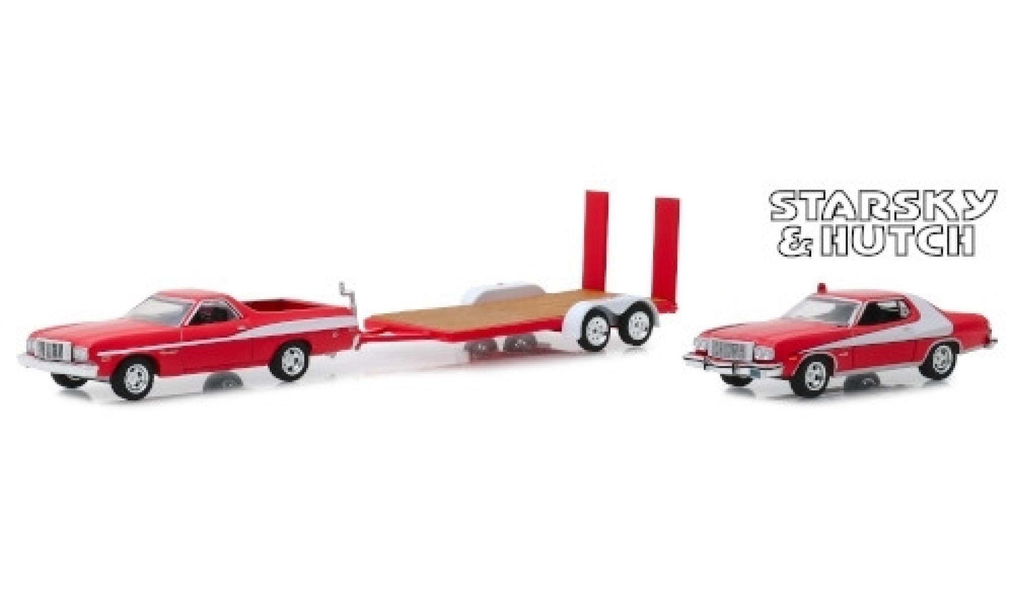 Ford Ranchero 1/64 Greenlight red/white Starsky & Hutch 1976 mit Gran Torino auf Zweiachsh&auml;nger diecast model cars
