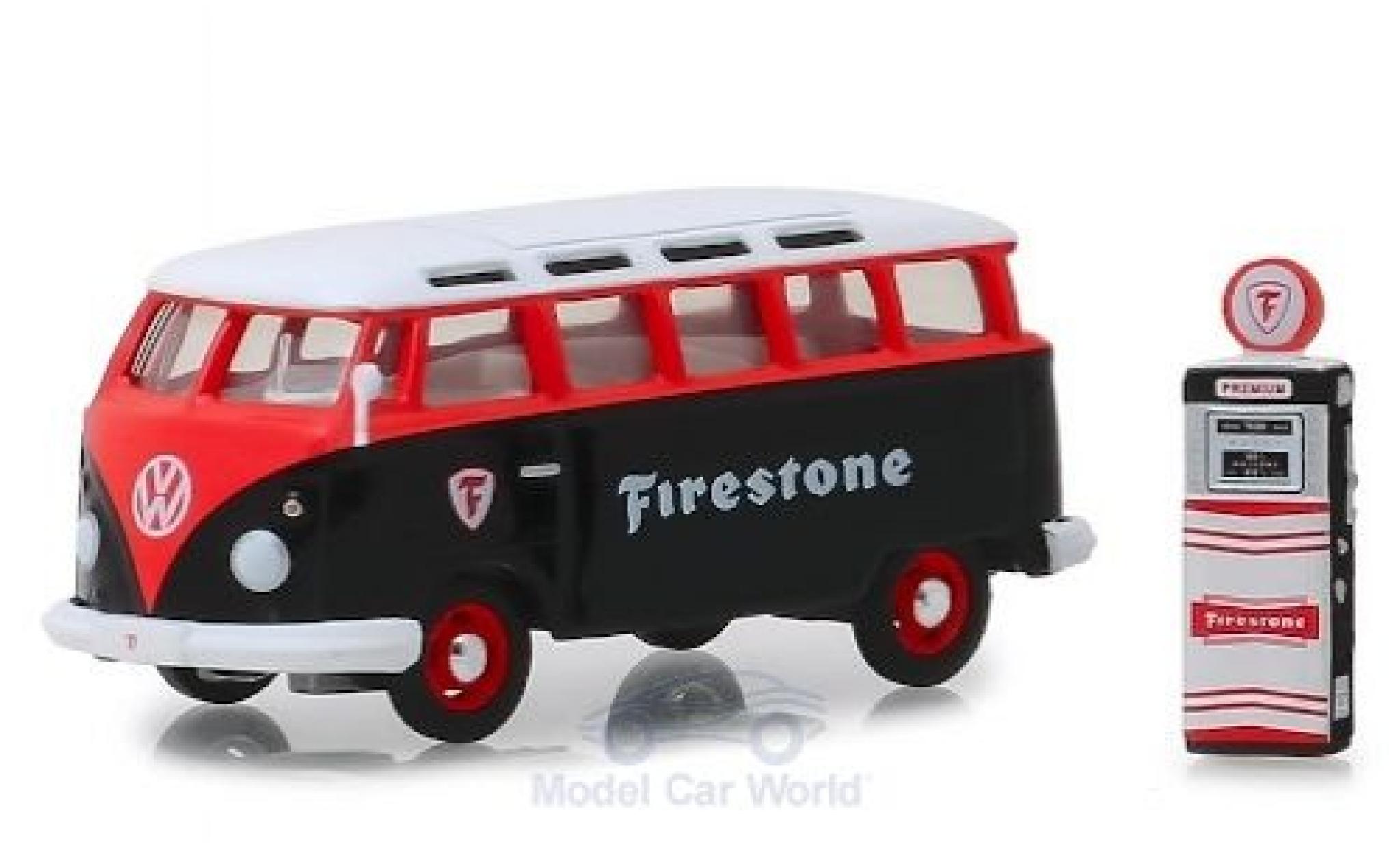 Volkswagen T1 1/64 Greenlight Samba Bus black/red Firestone 1964 mit Zapfs&auml;ule diecast model cars