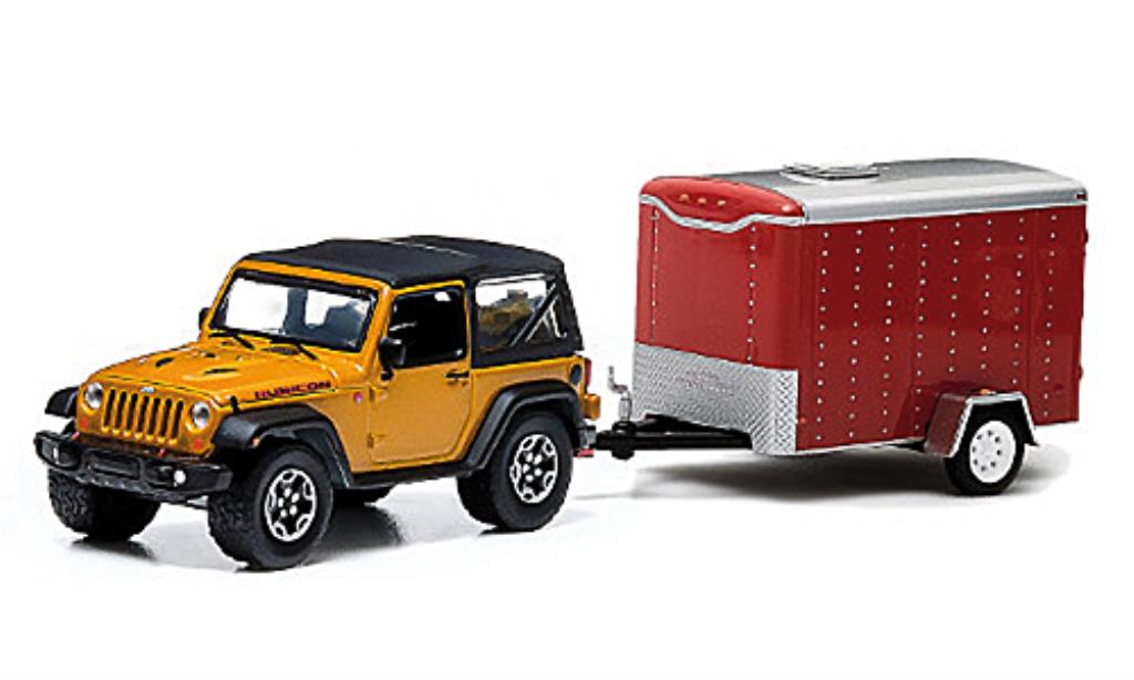 Jeep Wrangler 1/64 Greenlight Rubicon X yellow und 1-Achs-Anhanger 2014 diecast model cars