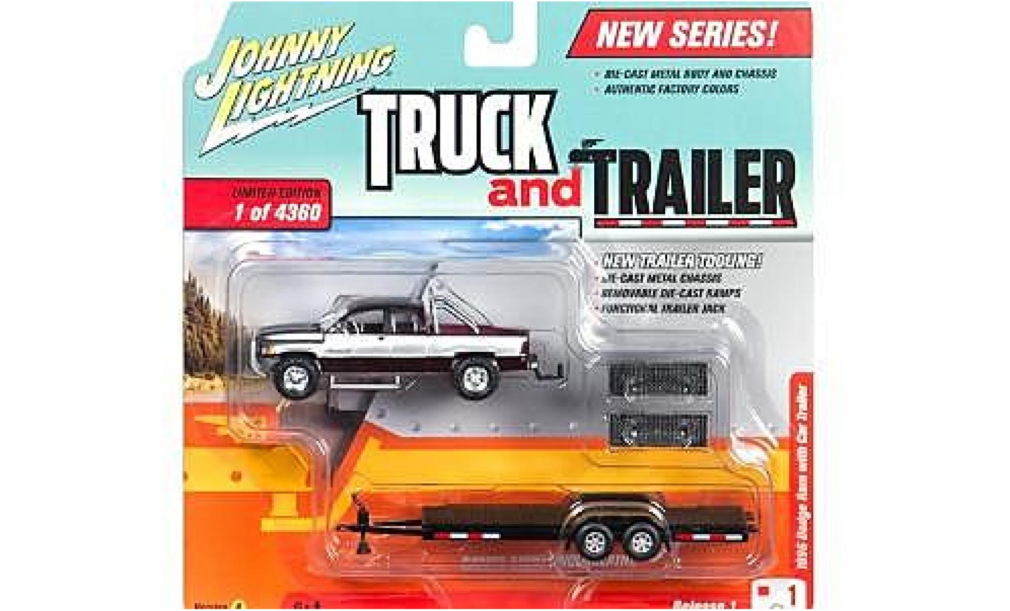 Dodge RAM 1/64 Johnny Lightning Ram 1500 purple/grey 1996 avec Flatbed remorque sans Vitrine diecast model cars
