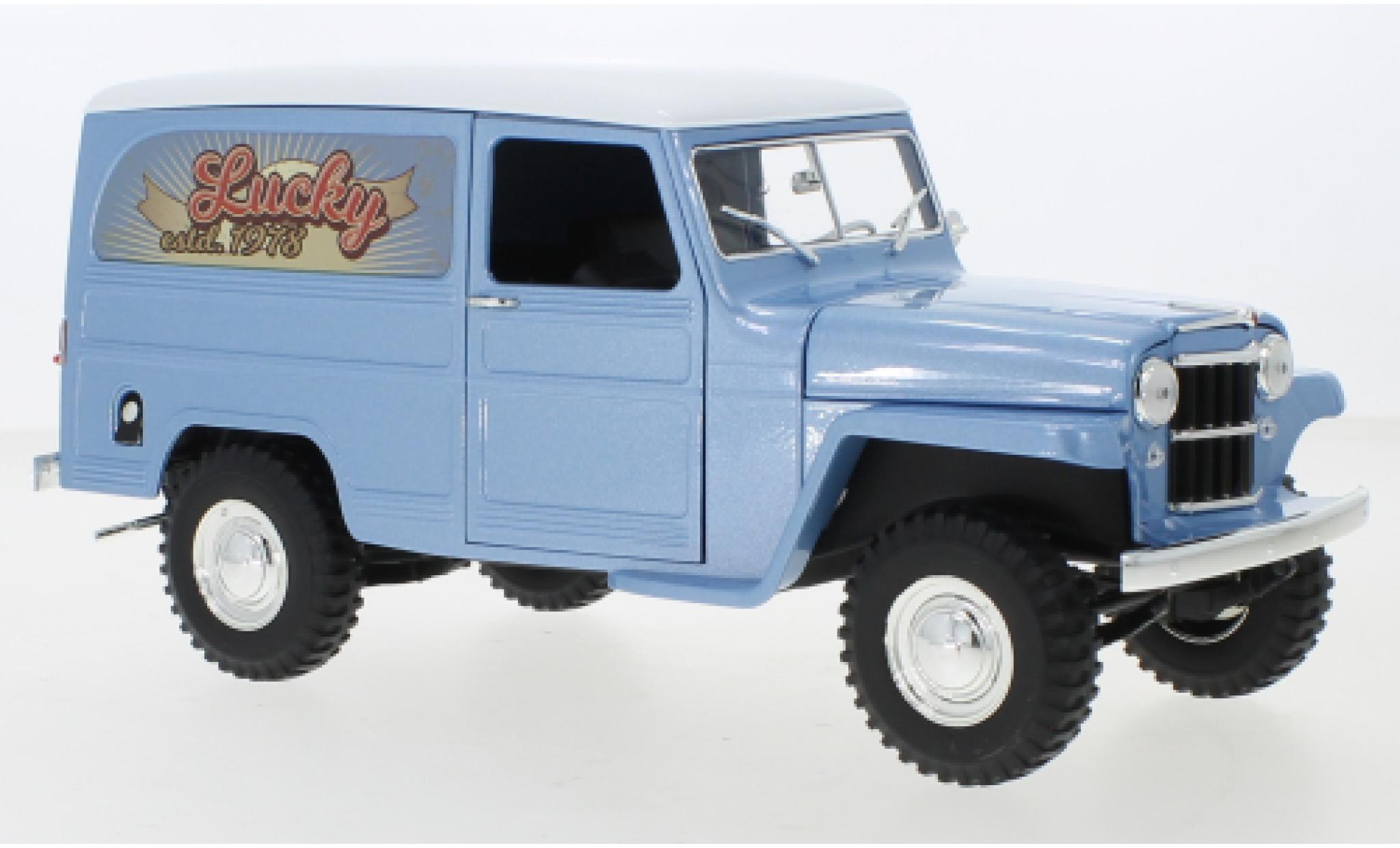 Jeep Willys 1/18 Lucky Die Cast Station Wagon Box Van metallic blue/white Lucky 1955 diecast model cars
