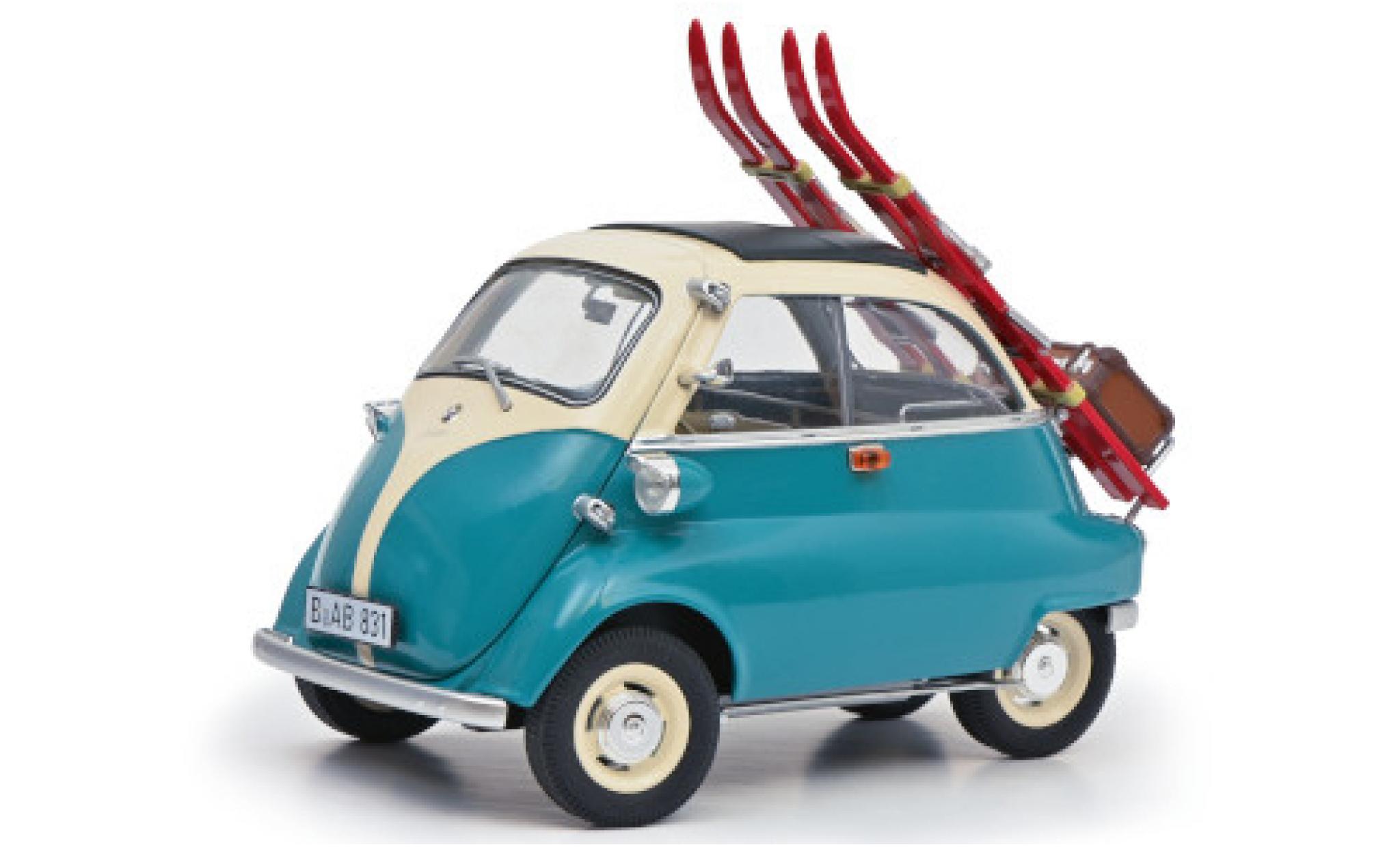 Bmw Isetta 1/18 Schuco t&uuml;rkis/white 1955 avec Hecktr&auml;ger wagon conteneur et Skiern diecast model cars