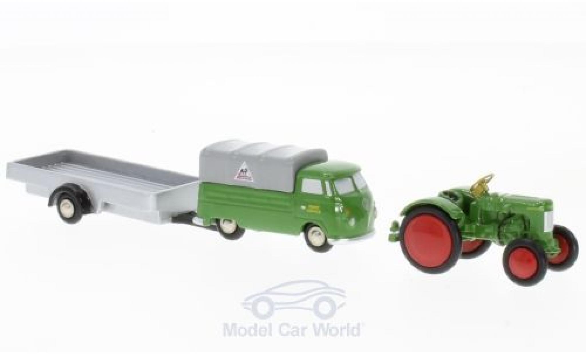 Volkswagen T1 A 1/90 Schuco green Fendt Service Pritsche mit Anh&auml;nger und Traktor diecast model cars