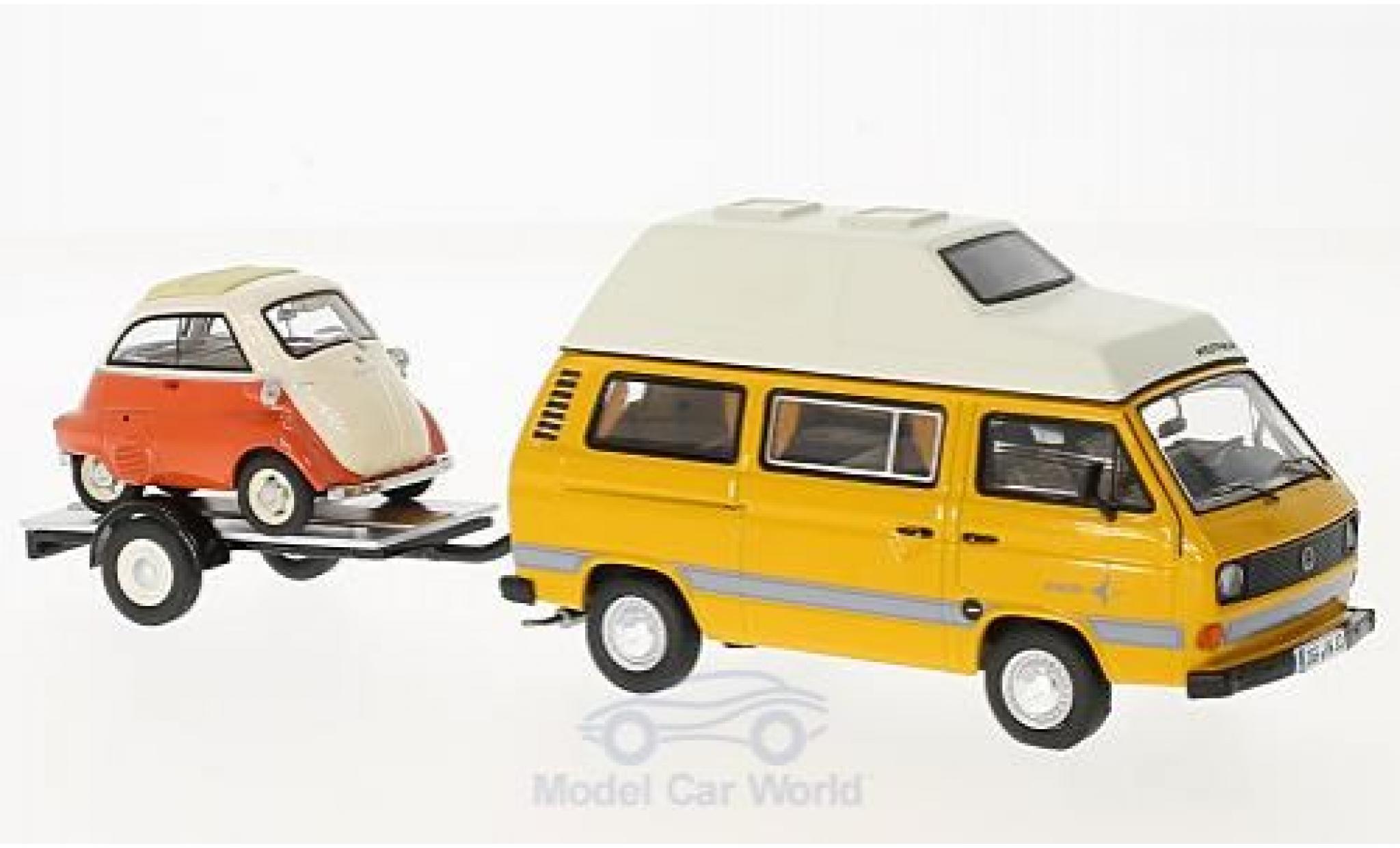 Volkswagen T3 1/43 Schuco Westfalia Joker yellow/orange mit Anh&auml;nger und Bmw Isetta diecast model cars