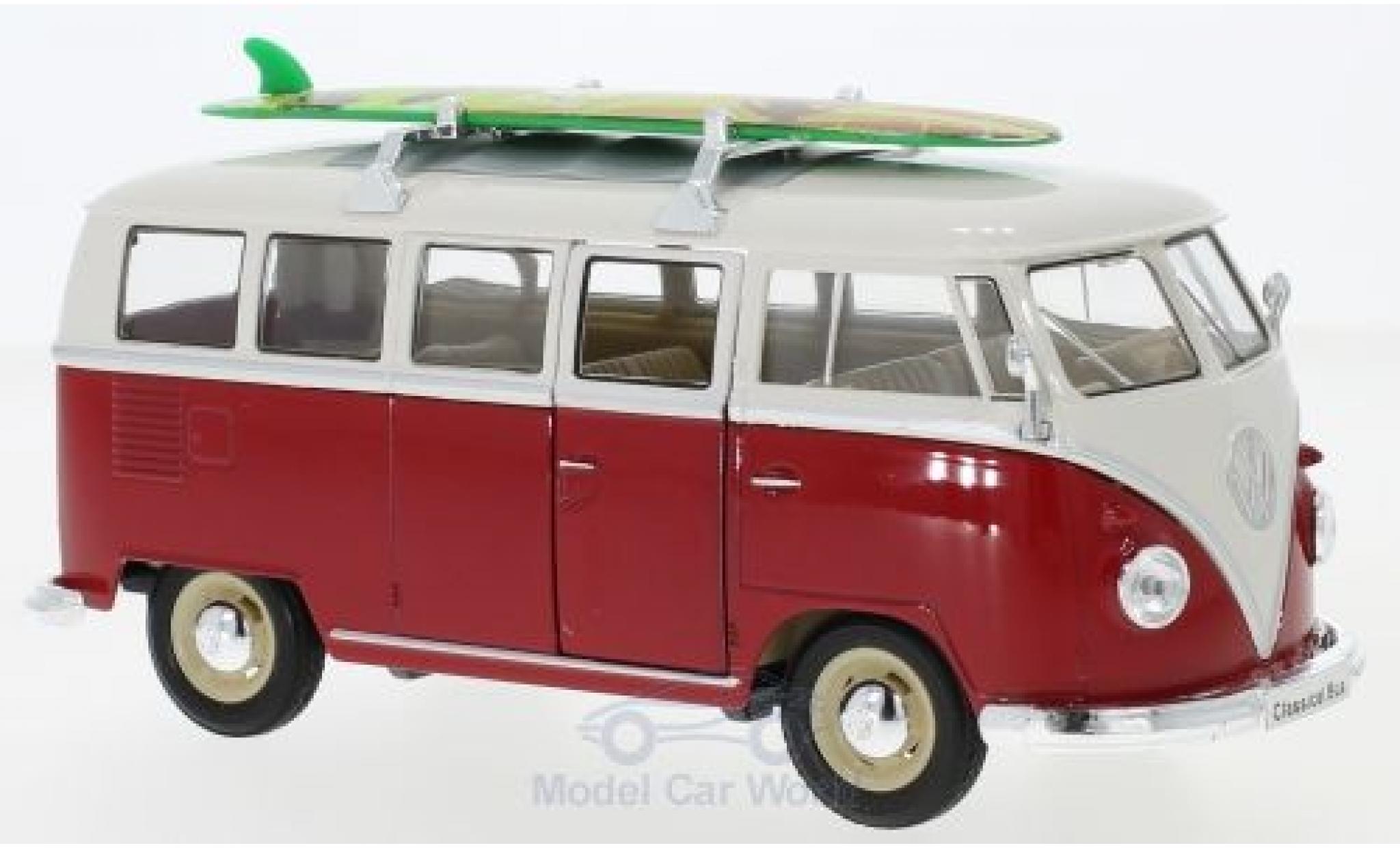 Volkswagen T1 1/24 Welly Bus red/white 1963 mit Dachgep&auml;cktr&auml;ger und Surfboard diecast model cars