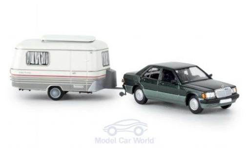 Diecast model cars Mercedes 190 Base E metallic green 1988 with Eriba Wohnwagen 1/87 Brekina