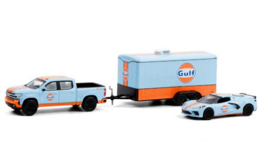 Diecast model cars Chevrolet Silverado pickup Gulf 2021 y compris les Corvette Stingray (C8) et ferm&Atilde;&copy; Remorque porte-voiture 1/64 Greenlight