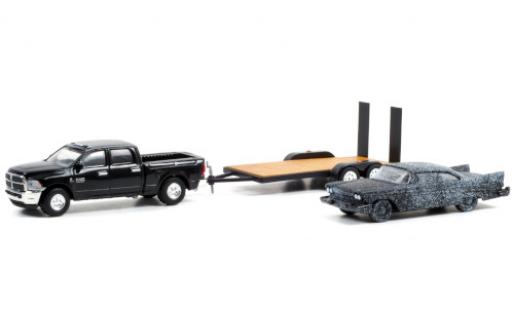 Diecast model cars Plymouth Fury Christine 2500 matt-black 2018 with 1958 Plymouth Fury brandbesch&Atilde;&curren;digt and Zweiachsautotransporter with Auffharrampen 1/64 Greenlight