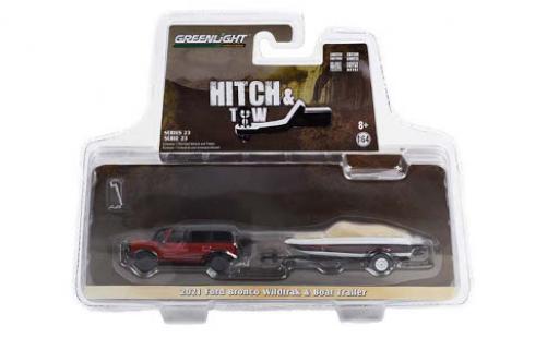 Diecast model cars Ford Bronco Wildtrak red/black 2021 with Boat Trailer 1/64 Greenlight