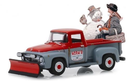 Diecast model cars Ford F-100 Pickup 00 grey/red Norms Snow Removal 1956 with Schneepflug and Gebrauchsspuren 1/64 Greenlight