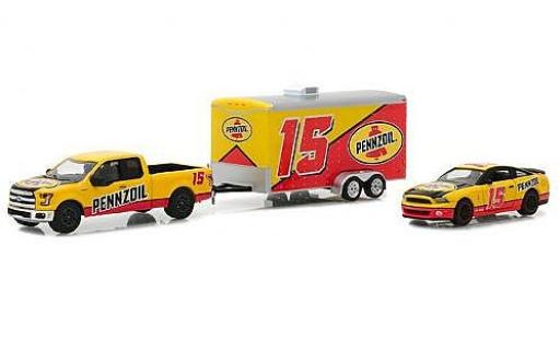 Diecast model cars Ford F-150 Pickup 50 Pennzoil 2015 with 2012 Shelby GT500 and Enclosed Car Hauler 1/64 Greenlight