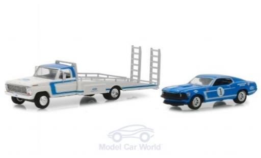 Diecast model cars Ford Mustang Boss Ramp Truck blue/white 1969 with 1969 Mustang 1/64 Greenlight