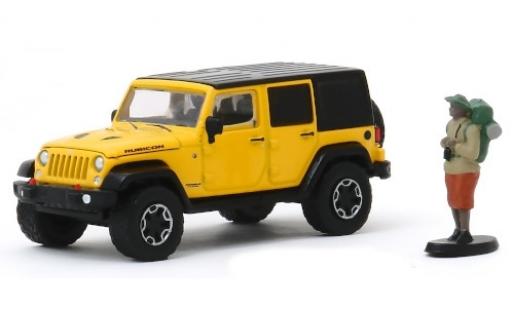Diecast model cars Jeep Wrangler Rubicon Unlimited Hard Rock yellow/black 2015 with Backpackerfigur 1/64 Greenlight