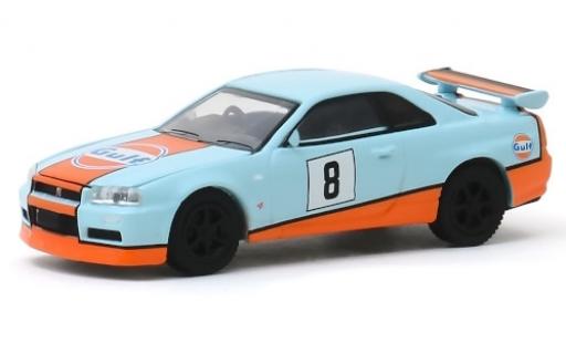 Diecast model cars Nissan Skyline R34 GT-R (BNR34) blue/white RHD Gulf 2001 No.8 1/64 Greenlight
