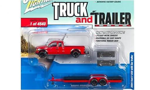 Diecast model cars Ford F-250 Pickup red 2004 avec Flatbed remorque sans Vitrine 1/64 Johnny Lightning