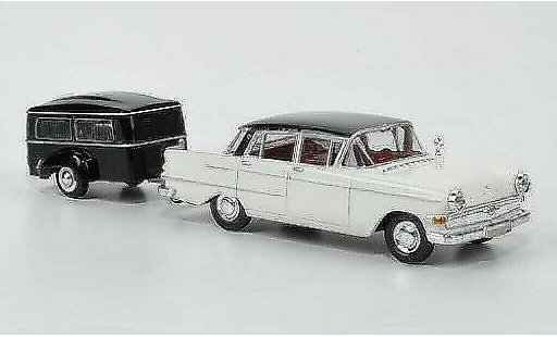 Opel Kapitan P2.6 1/87 Brekina white/black with Westfalia Bestattungsanhanger diecast model cars