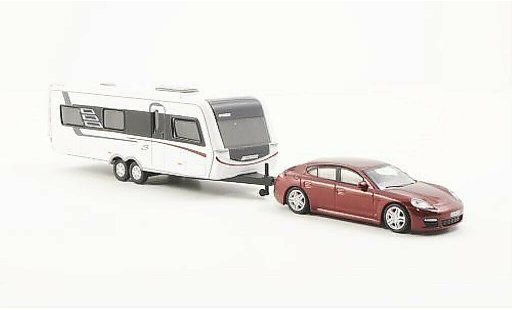 Porsche Panamera Base 1/87 Schuco red with Hymer Nova S690 Wohnanhanger diecast model cars