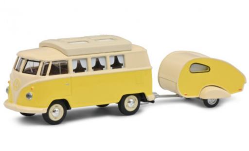 Diecast model cars Volkswagen T1 Base Camper yellow/beige avec caravane 1/64 Schuco