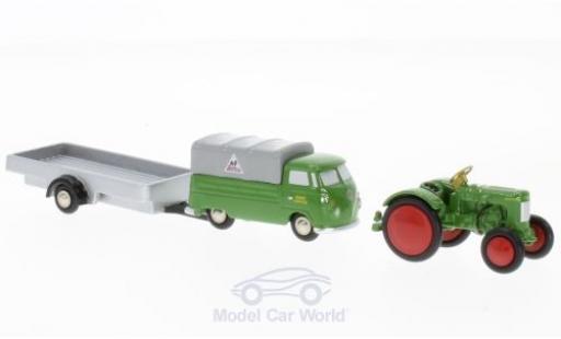 Diecast model cars Volkswagen T1 A green Fendt Service flatbed with Anh&Atilde;&curren;nger and Traktor 1/90 Schuco
