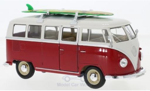 Diecast model cars Volkswagen T1 B Bus red/white 1963 with roofgep&Atilde;&curren;cktr&Atilde;&curren;ger and Surfboard 1/24 Welly